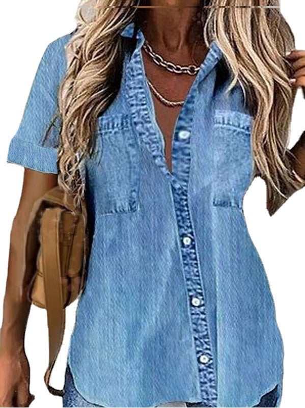 Wear Loose Denim-like Printed Short-sleeved Shirt ARZ