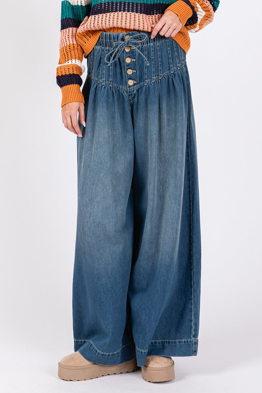 SAGE+FIG Smocked Waist Band Wide Leg Jeans Trendsi