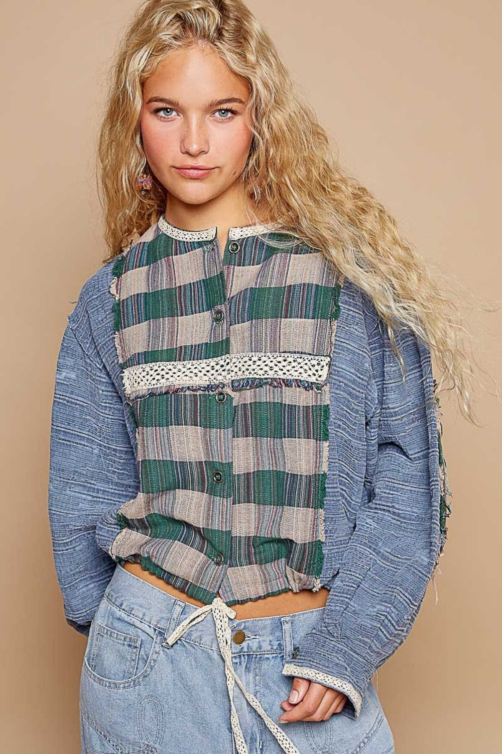 POL Round Neck Long Sleeve Plaid Shirt Trendsi