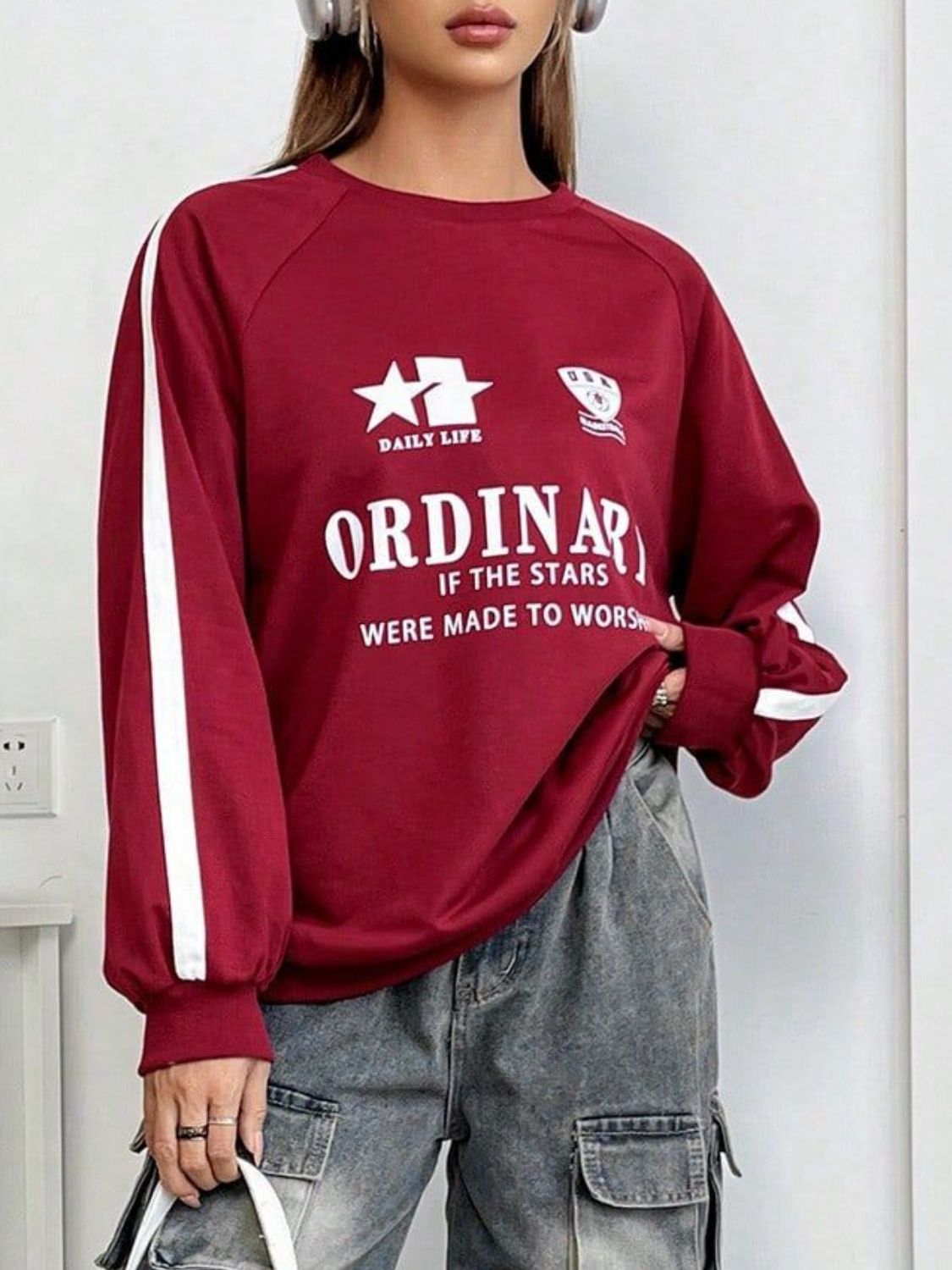 Letter Graphic Round Neck Long Sleeve Sweatshirt Trendsi