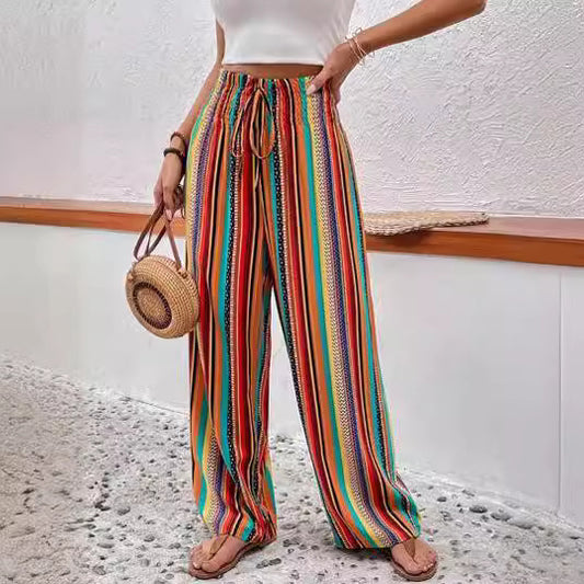 Multi-color Stripe Women's Casual Pants Tied Elastic Waist ARZ