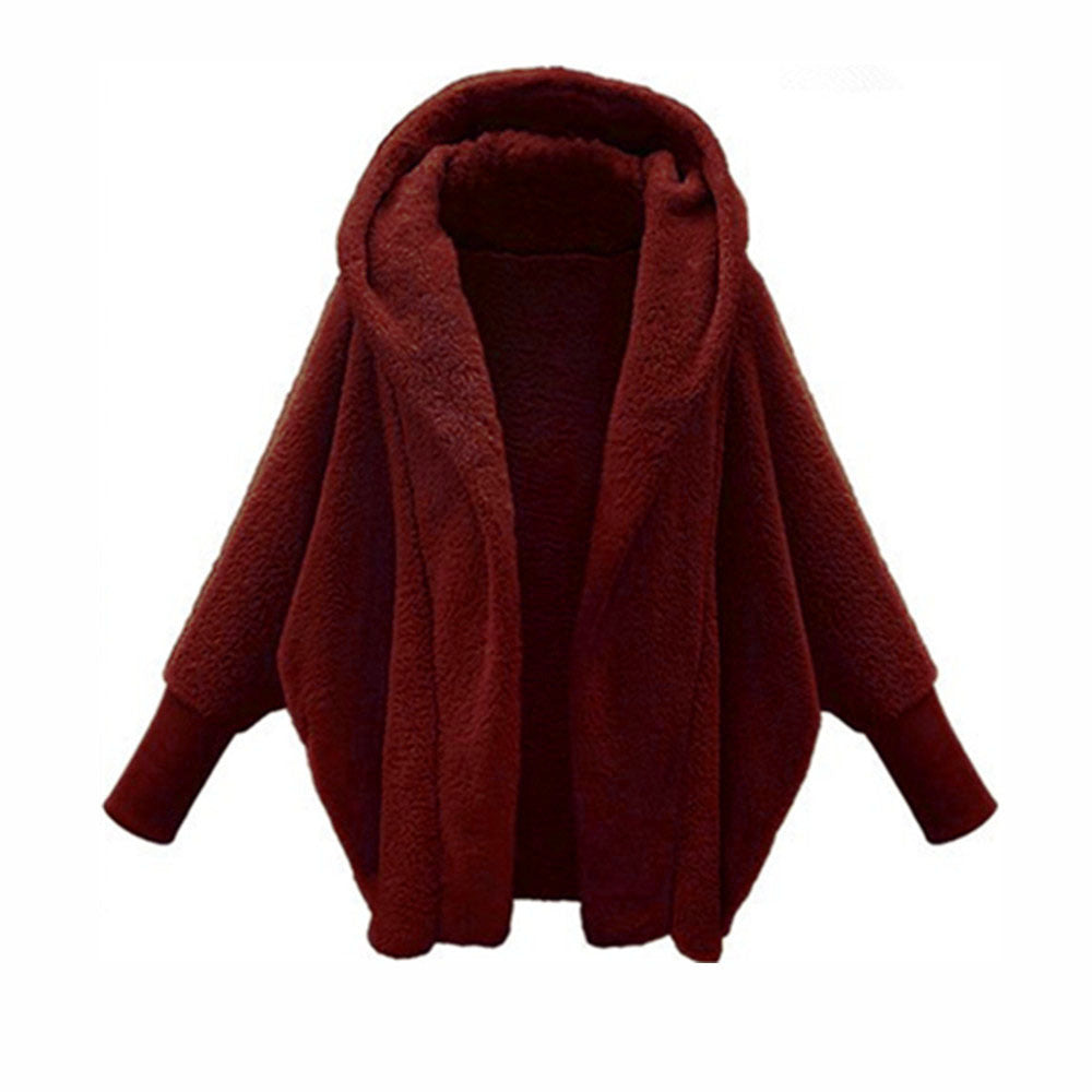 European And American Women's Clothing Solid Color Long Sleeve Hooded Loose Plush Coat ARZ