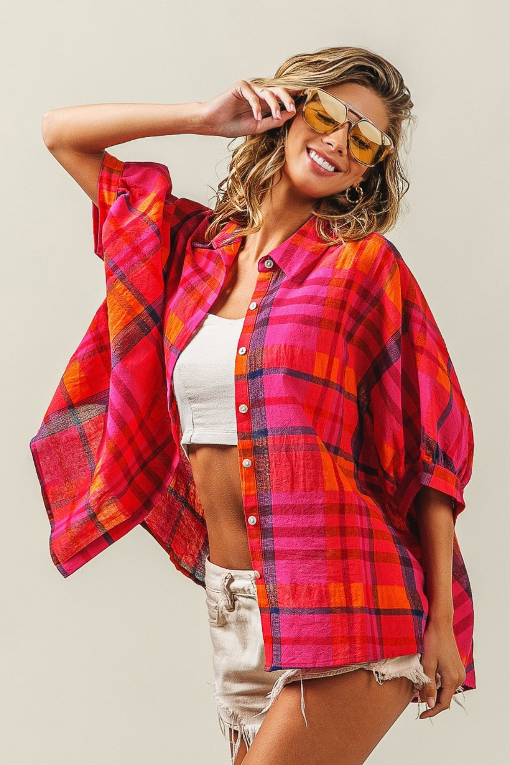 BiBi Button Up Dolman Sleeve Plaid Shirt Trendsi