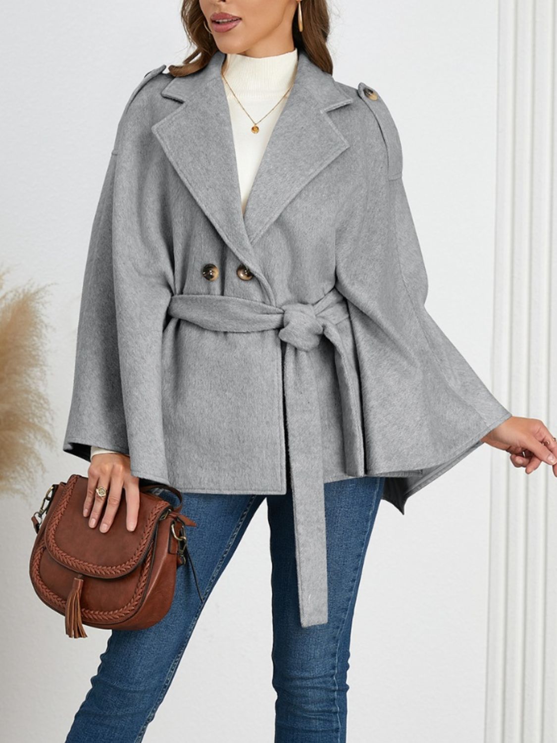 Double-Breasted Tie Waist Poncho Trendsi