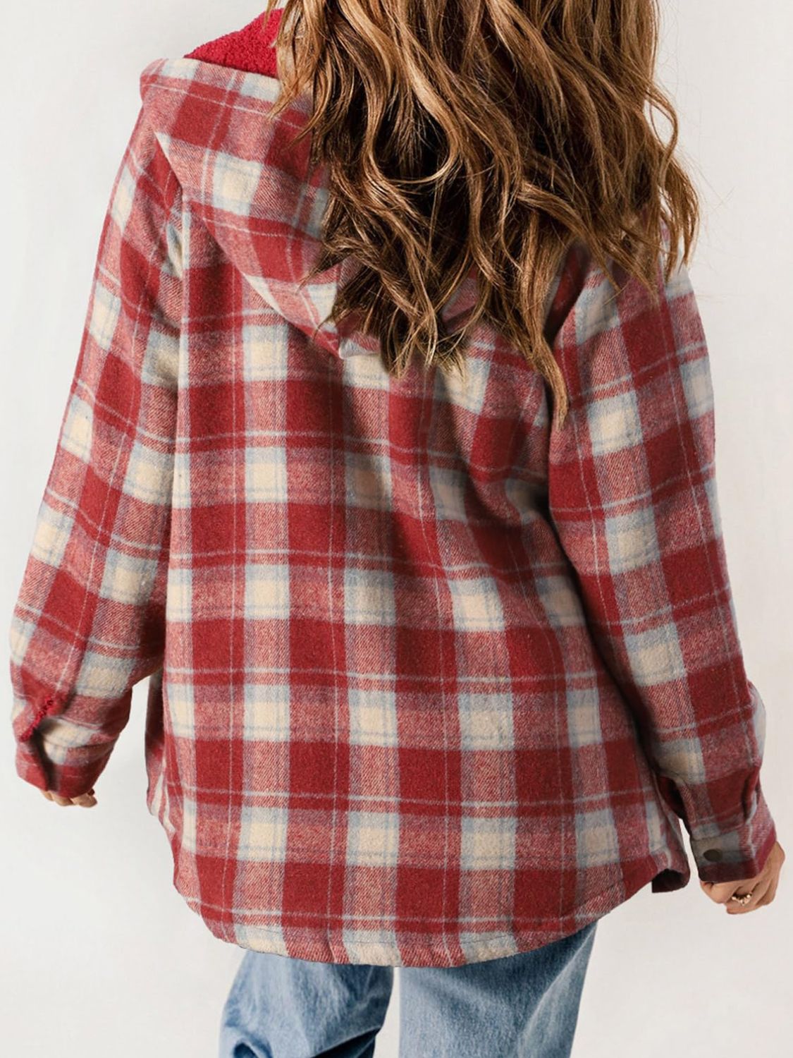 Plaid Snap Down Plush Hooded Jacket Trendsi