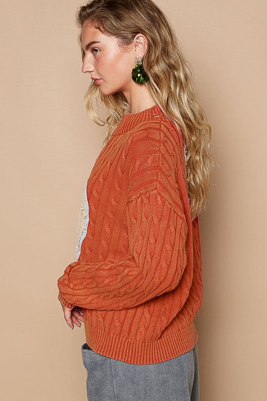 POL Cable-Knit Peace Patch Dropped Shoulder Sweater Trendsi