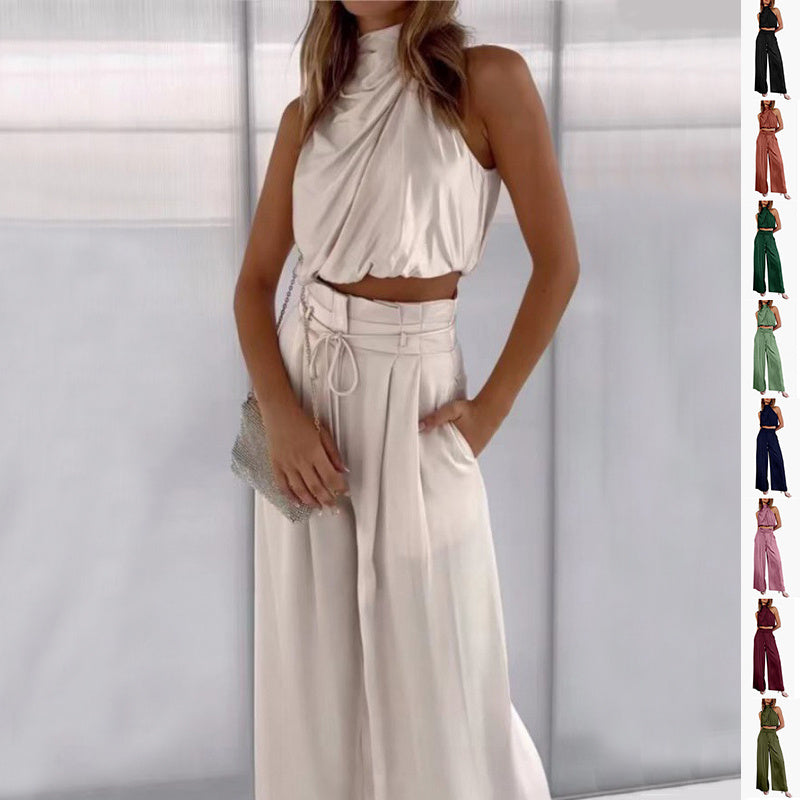 Summer Suits Casual Sleeveless Midriff-baring Top And Wide Leg Pants 2pcs Set Womens Clothing ARZ