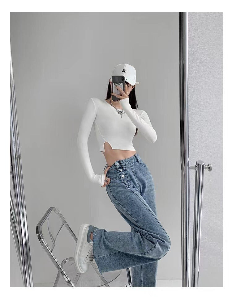 Irregular Breasted High Waist Jeans For Women Straight-leg Trousers ARZ