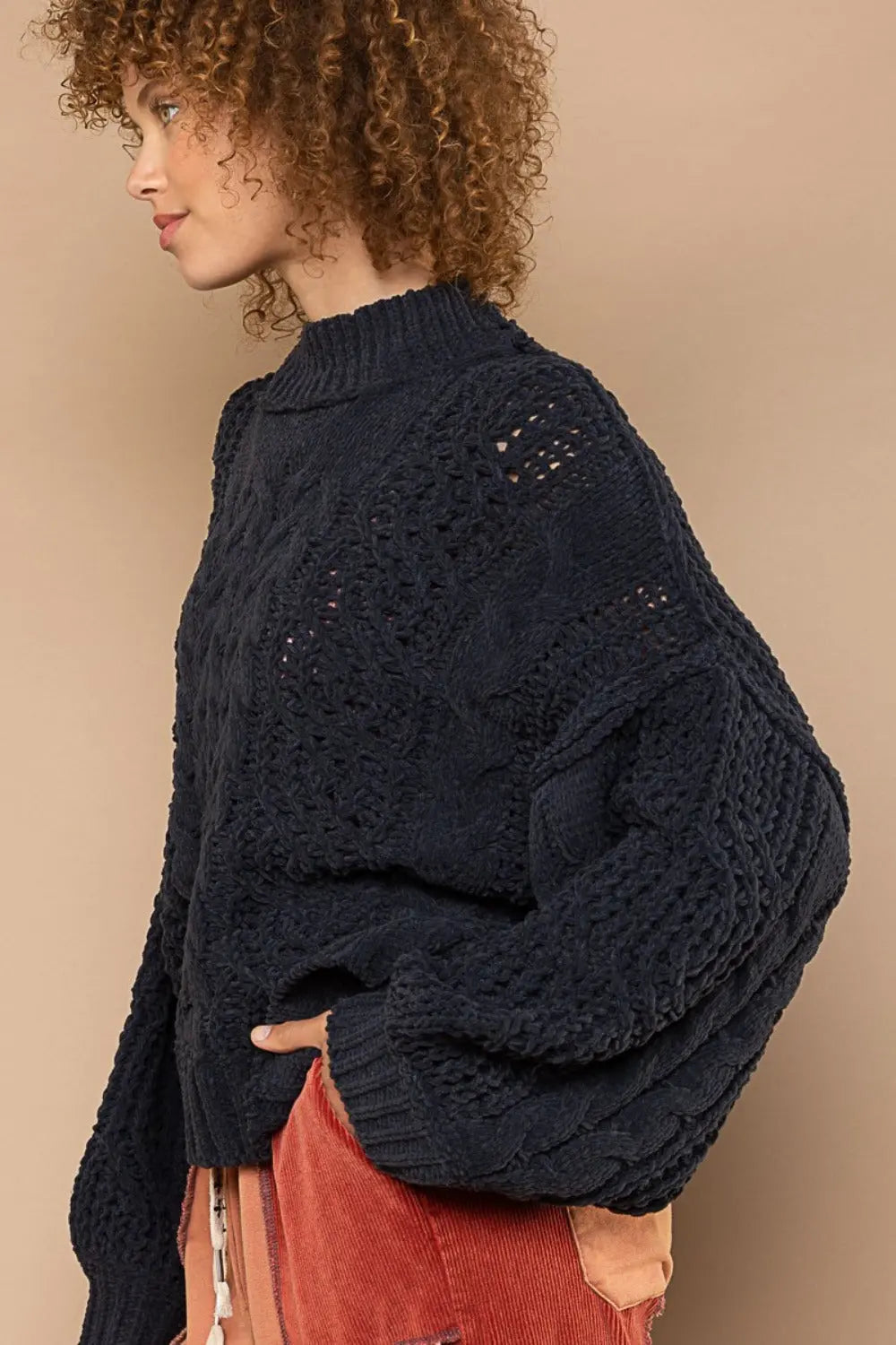 POL Mock Neck Cable Knit Sweater Trendsi