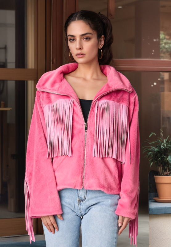 Fringed Zip Up Fleece Jacket Trendsi