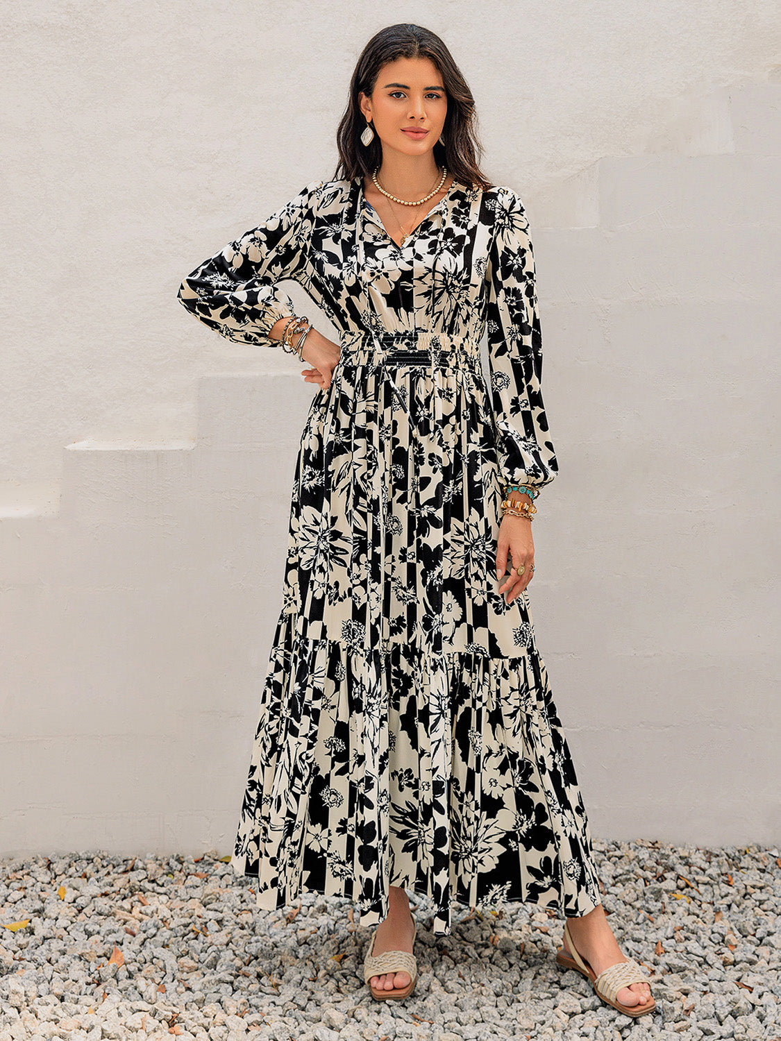 Smocked Printed Tie Neck Long Sleeve Dress Trendsi