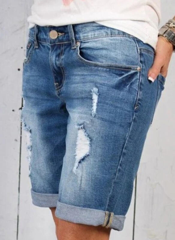 Ripped Cropped Pants Stretch Denim Middle Pants For Women ARZ