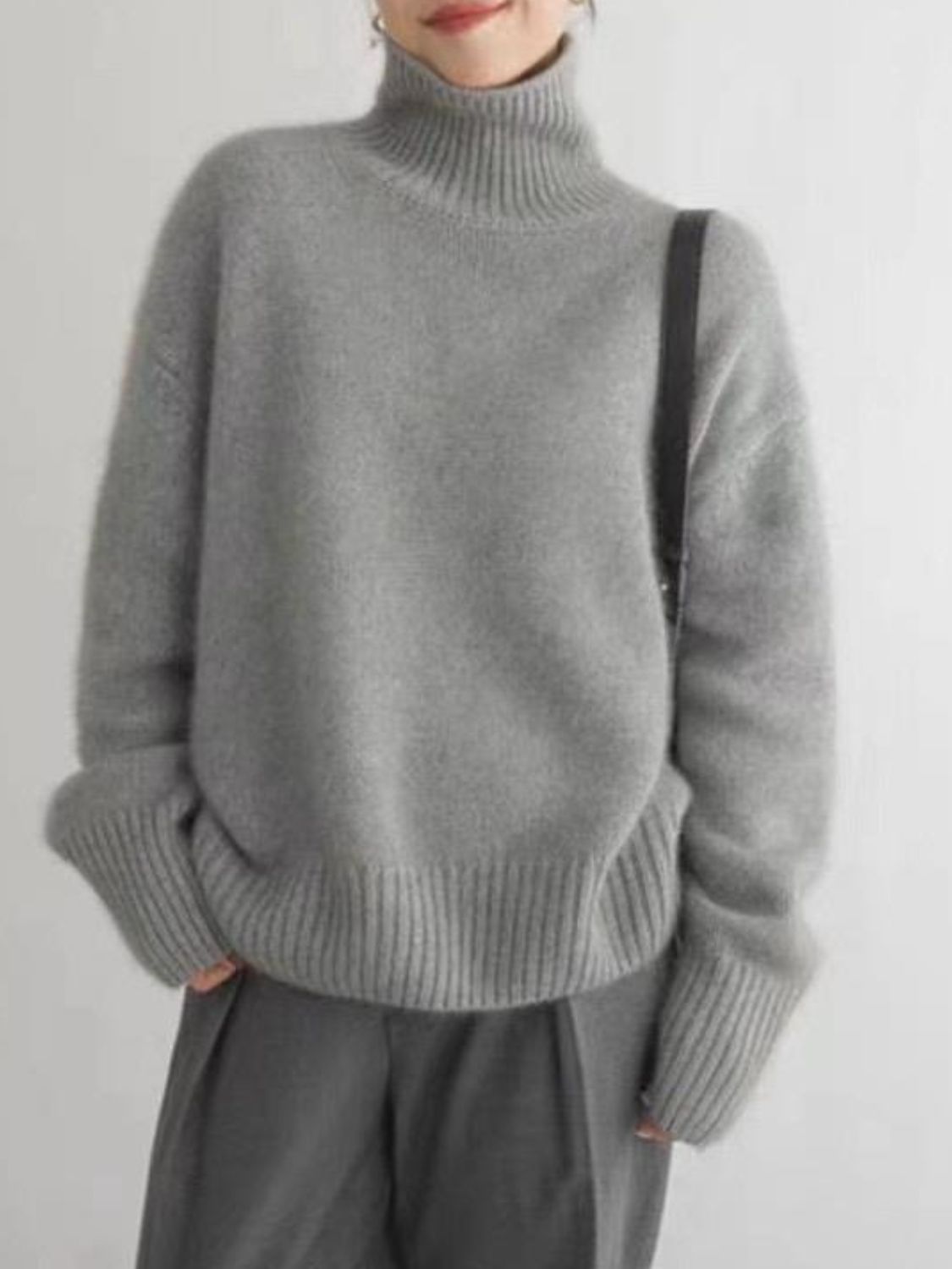 Turtleneck Dropped Shoulder Long Sleeve Sweater Trendsi