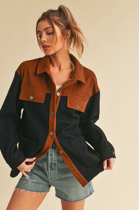 Aemi + Co Two Tone Button Up Jacket with Pockets Trendsi