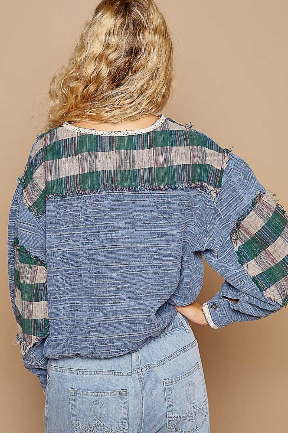 POL Round Neck Long Sleeve Plaid Shirt Trendsi