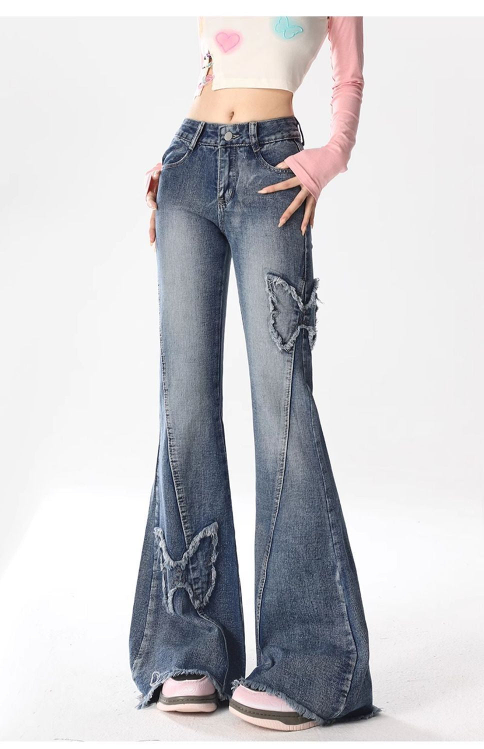 American Retro Butterfly Embroidery Slightly Flared Jeans Women ARZ