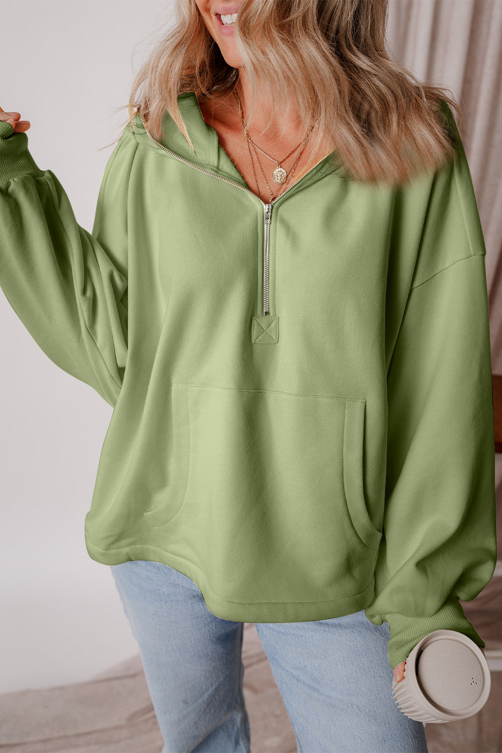 Pocketed Half Zip Dropped Shoulder Hoodie Trendsi