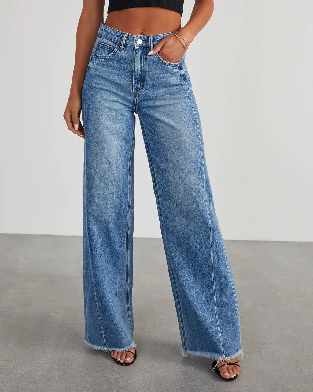 Women's Loose Wide-leg Side Seam Stitching Frayed Hem Jeans ARZ