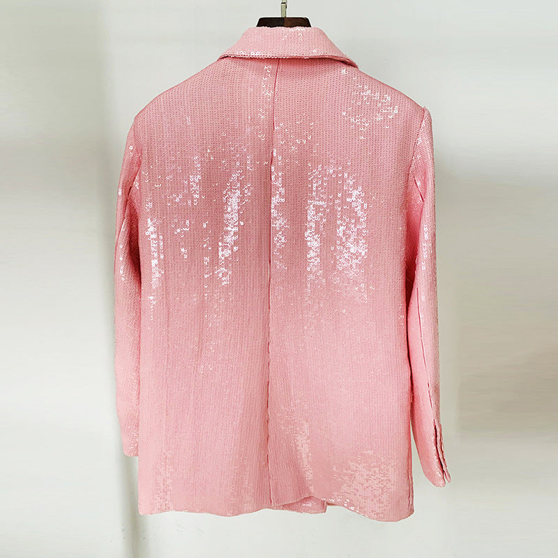 Women's Fashionable Double-breasted Loose Lotus Root Pink Sequined Blazer ARZ