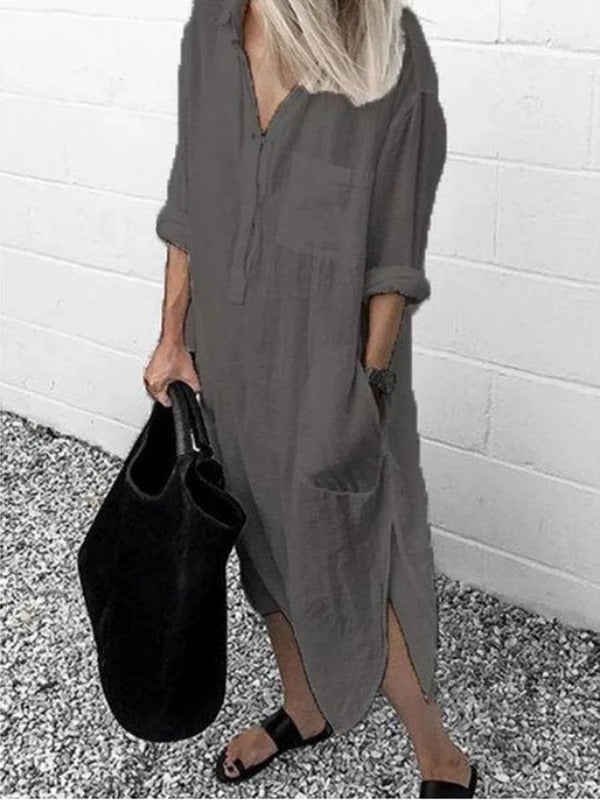 Elegant Solid Color Slit Dress Long Shirt Dress ARZ