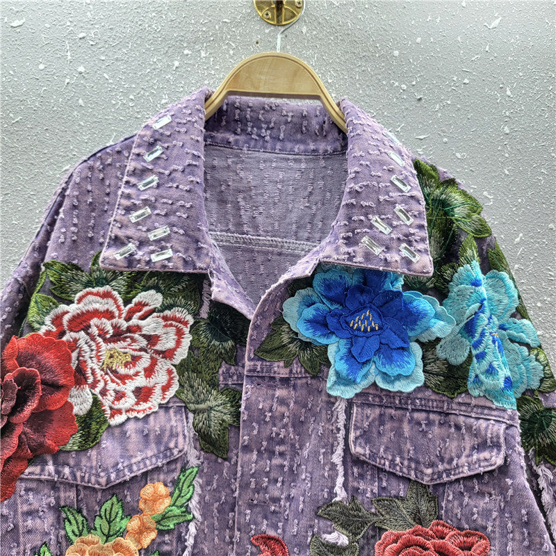 Design Sense Heavy Industry Three-dimensional Flower Short Frayed Hem Casual Denim Coat ARZ