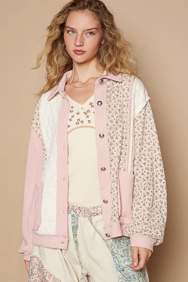 POL Floral Exposed Seam Button Up Quilted Jacket Trendsi