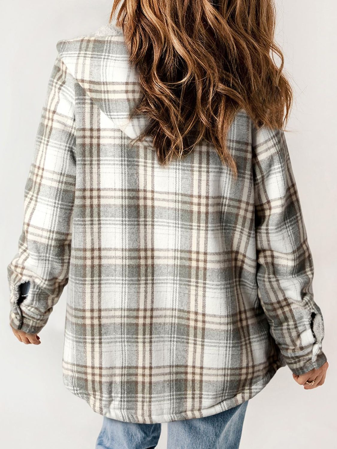 Plaid Snap Down Plush Hooded Jacket Trendsi