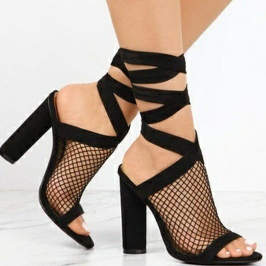 Women Sandals Bandage Flock Cross Strap Lace Up High Heels Sandal ARZ