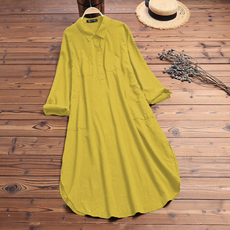 Elegant Solid Color Slit Dress Long Shirt Dress ARZ