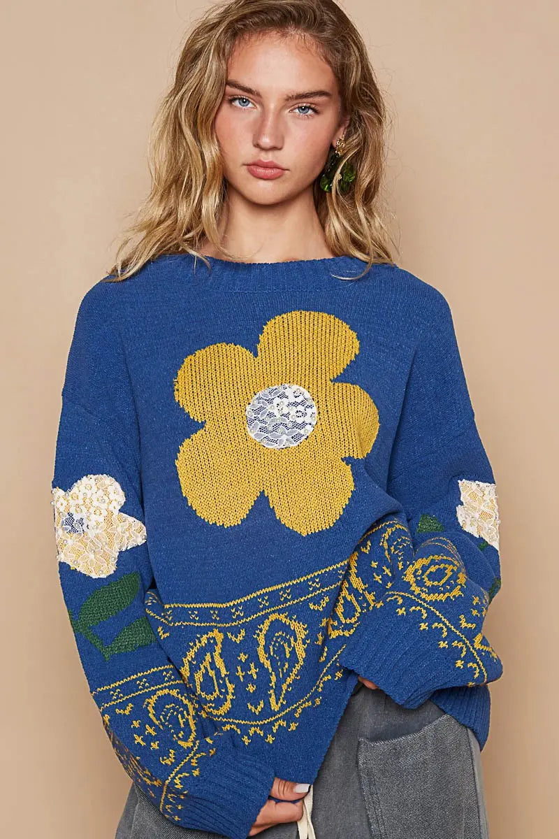 POL Flower Lace Patch Long Sleeve Sweater Trendsi