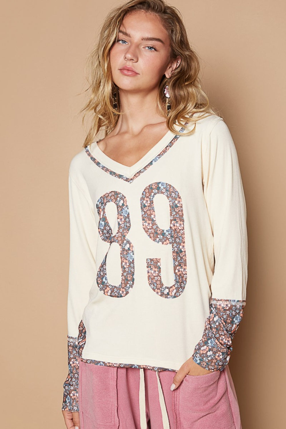 POL V-Neck Long Sleeve Floral Number Patch T-Shirt Trendsi