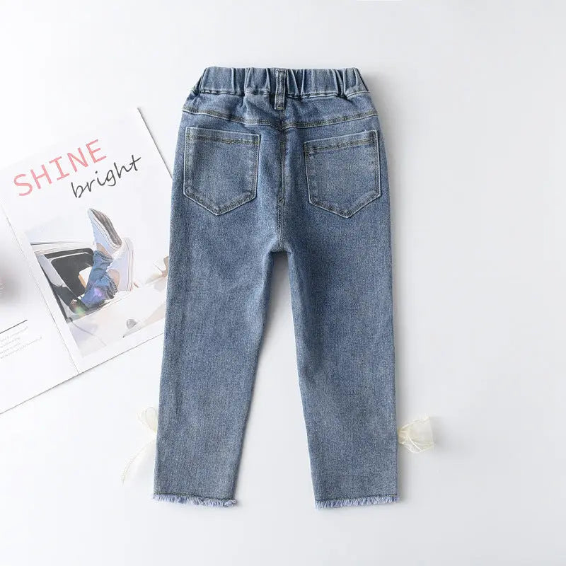 Korean Style Young And Little Girls Baby Sweet Fashion Bowknot Slim Jeans Fashion ARZ