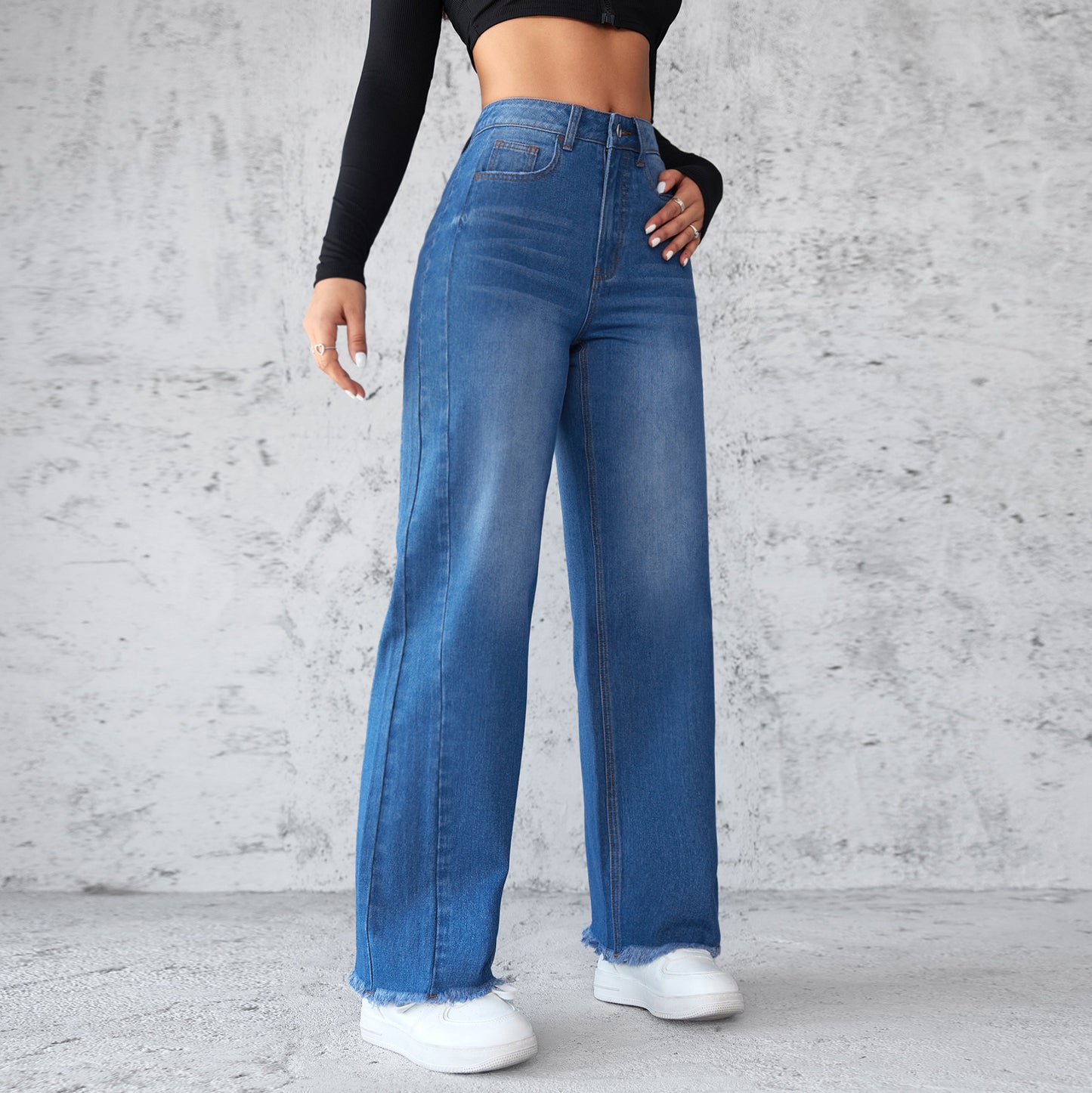 Fashion Straight Wide-leg Jeans Casual High-waist Non-elastic Womens Clothing ARZ