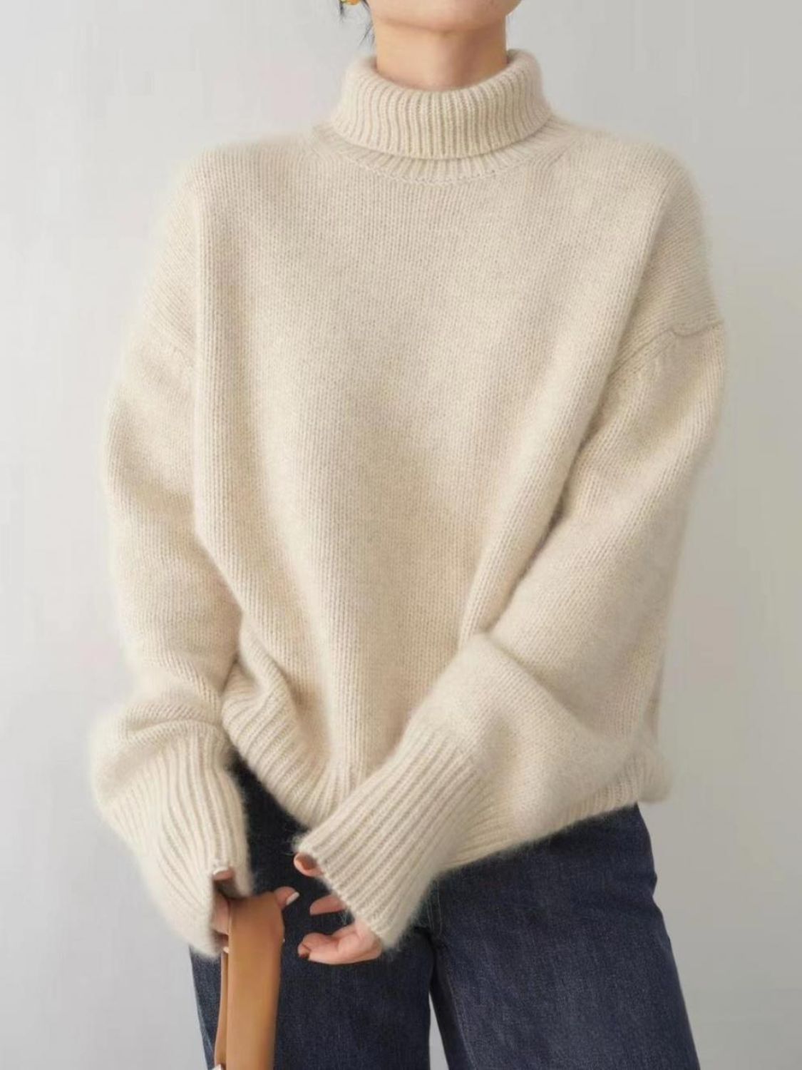 Turtleneck Dropped Shoulder Long Sleeve Sweater Trendsi