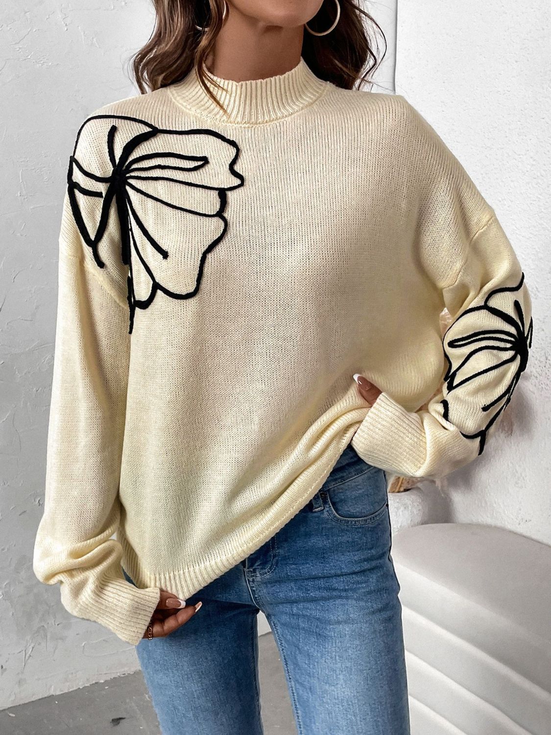 Perfee Mock Neck Dropped Shoulder Long Sleeve Sweater Trendsi