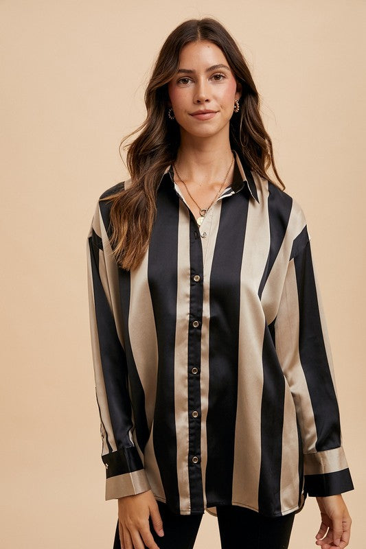 Annie Wear Striped Dropped Shoulder Button Up Shirt Trendsi