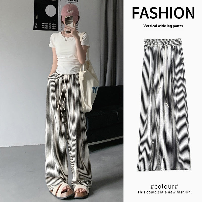 Two-tone Vertical Stripes Thin High Waist Casual Loose Wide Leg Pants ARZ