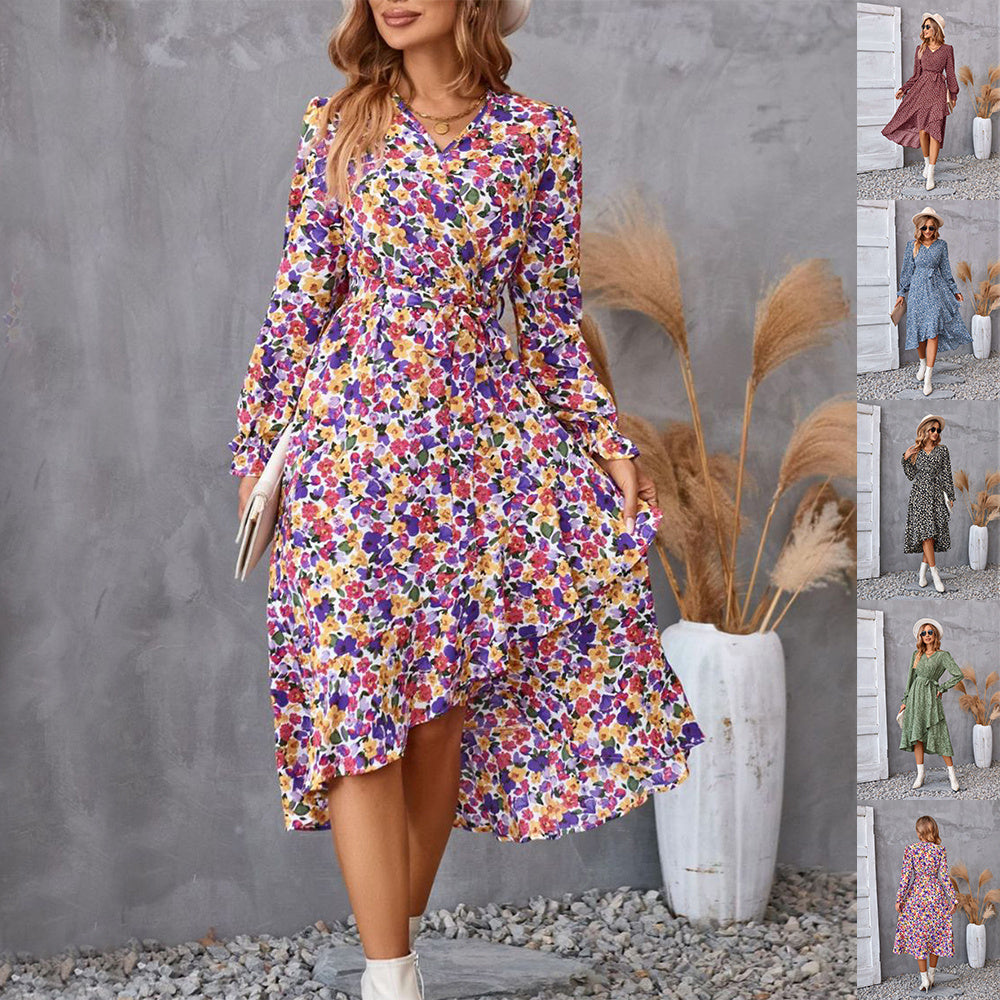 Flowers Print Long Sleeve Dress Fashion Ruffled Commuter Temperament Dresses Womens Clothing ARZ