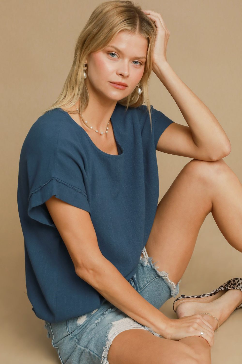 Umgee Drawstring Hem Round Neck Short Sleeve T-Shirt Trendsi