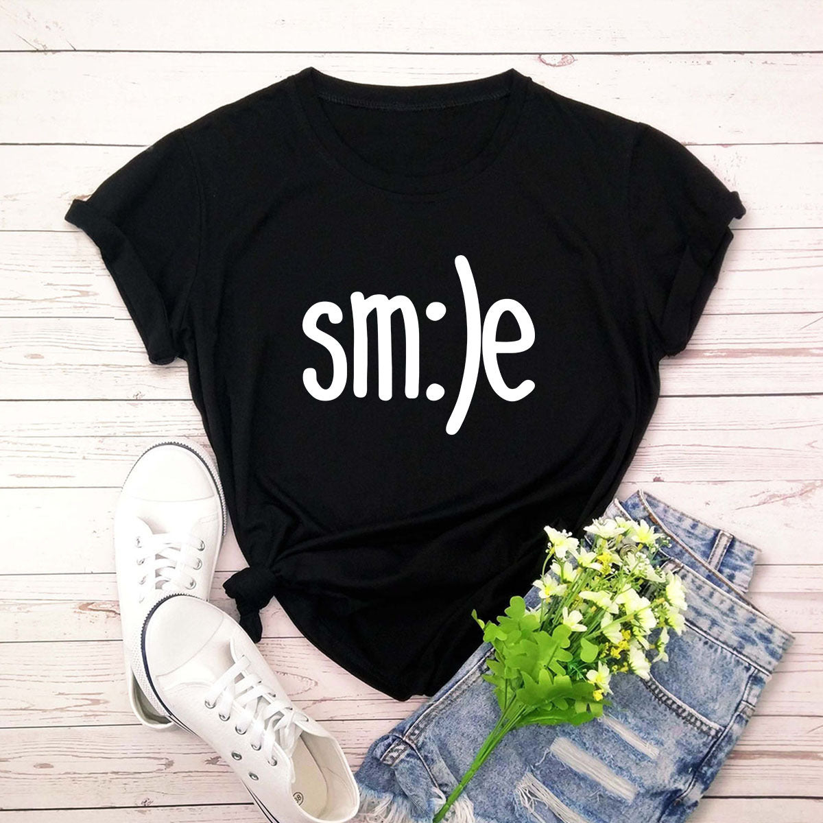 S-5XL Plus Size TShirt Women New Smile Letter Printed Shirt O Neck Short Sleeve Tees Summer Top 100%cotton Women's T-shirts ARZ