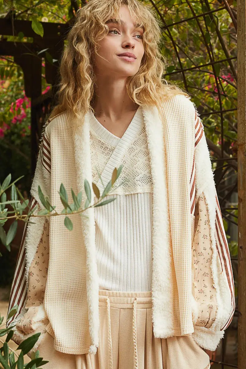 POL Open Front Waffle Knit Fleece Mix Cardigan Trendsi