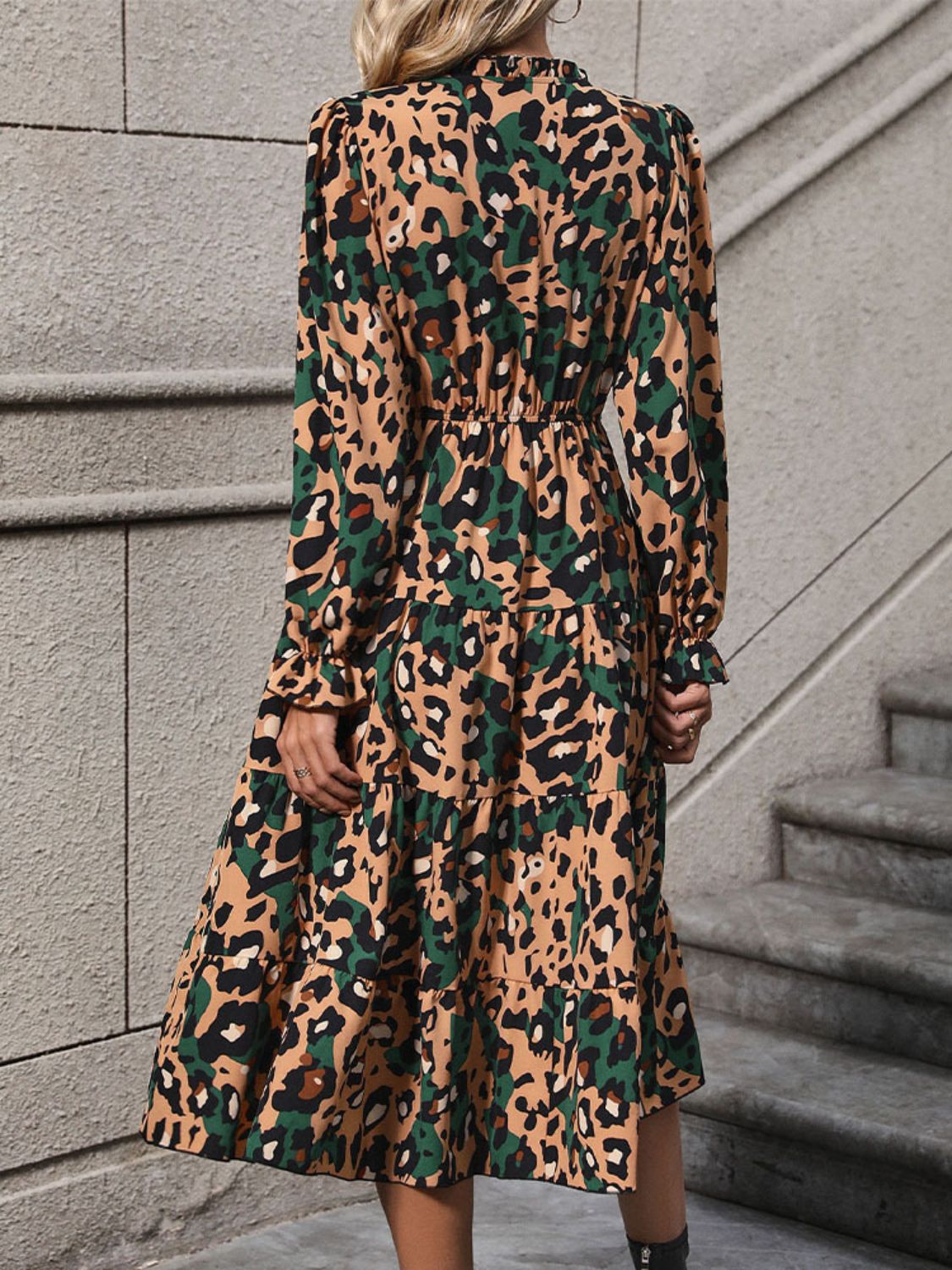 Perfee Leopard Notched Flounce Sleeve Midi Dress Trendsi