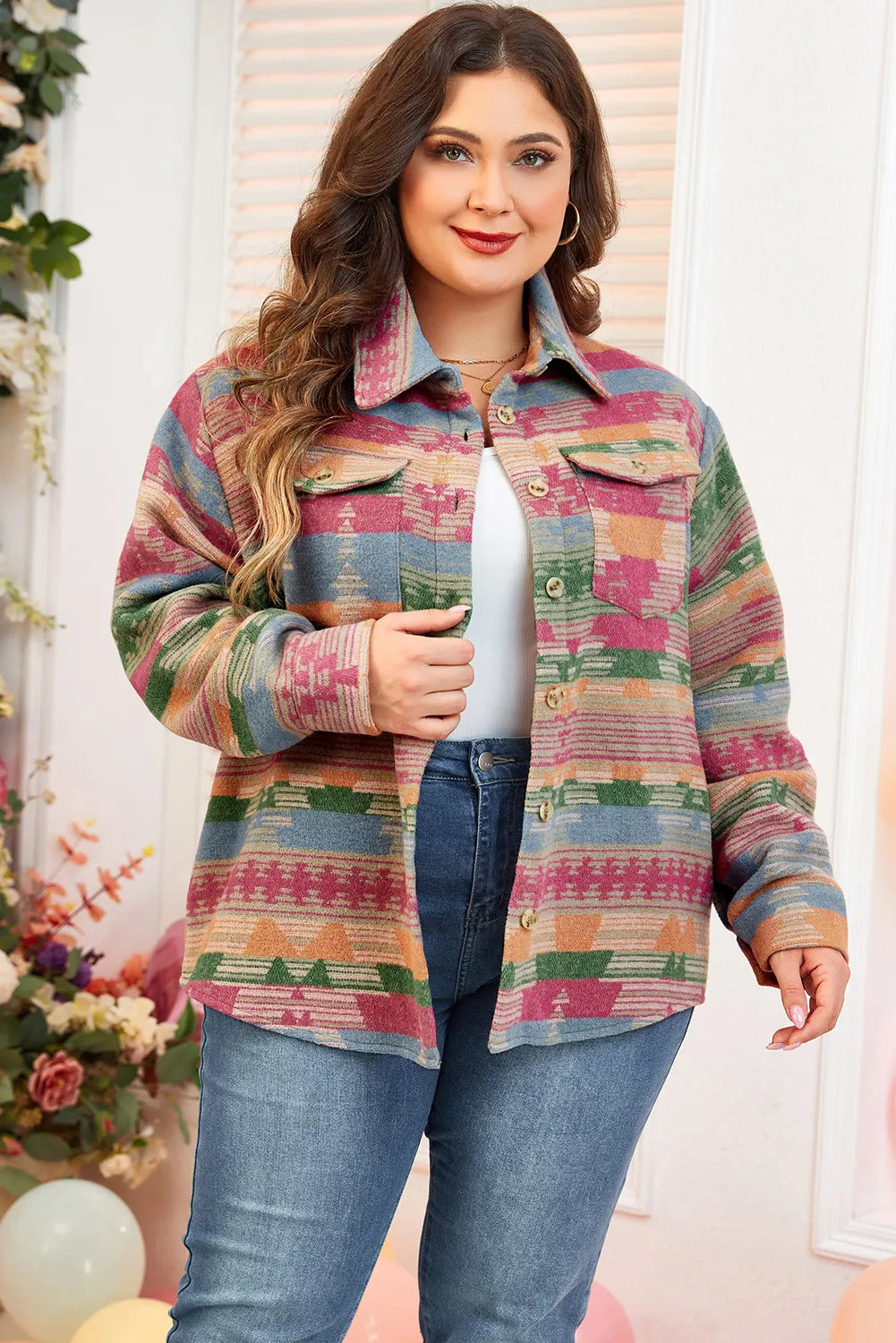 Plus Size Pocketed Printed Collared Neck Jacket Trendsi