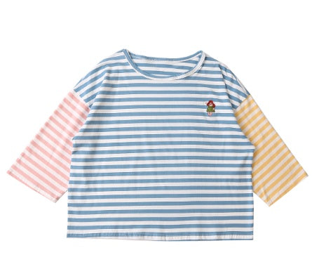 Casual Loose Women Striped T-shirt Spell Color Muppet Embroidery O Neck Three Quarter Sleeve Femme Loose Tshirt Tees Tops Cotton ARZ