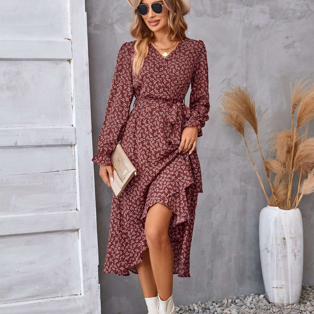 Flowers Print Long Sleeve Dress Fashion Ruffled Commuter Temperament Dresses Womens Clothing ARZ