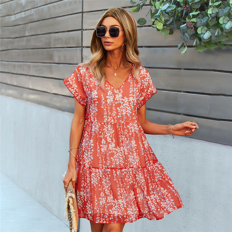 Women Ruffle Loose Short Dress Summer Chiffon Dress ARZ