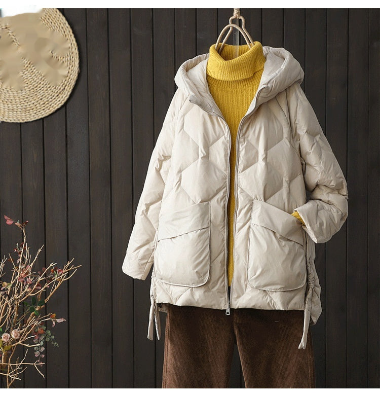 Casual Mid-length Drawstring Cinched Hoodie Down Jacket ARZ