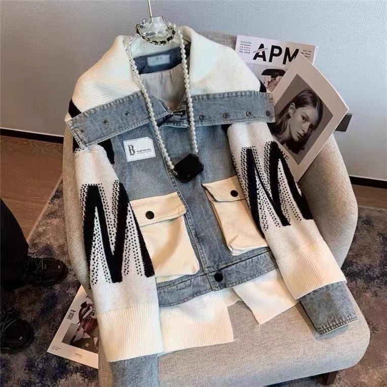 Sweater Patchwork Denim Jacket Spring And Autumn Leisure Design Sense ARZ