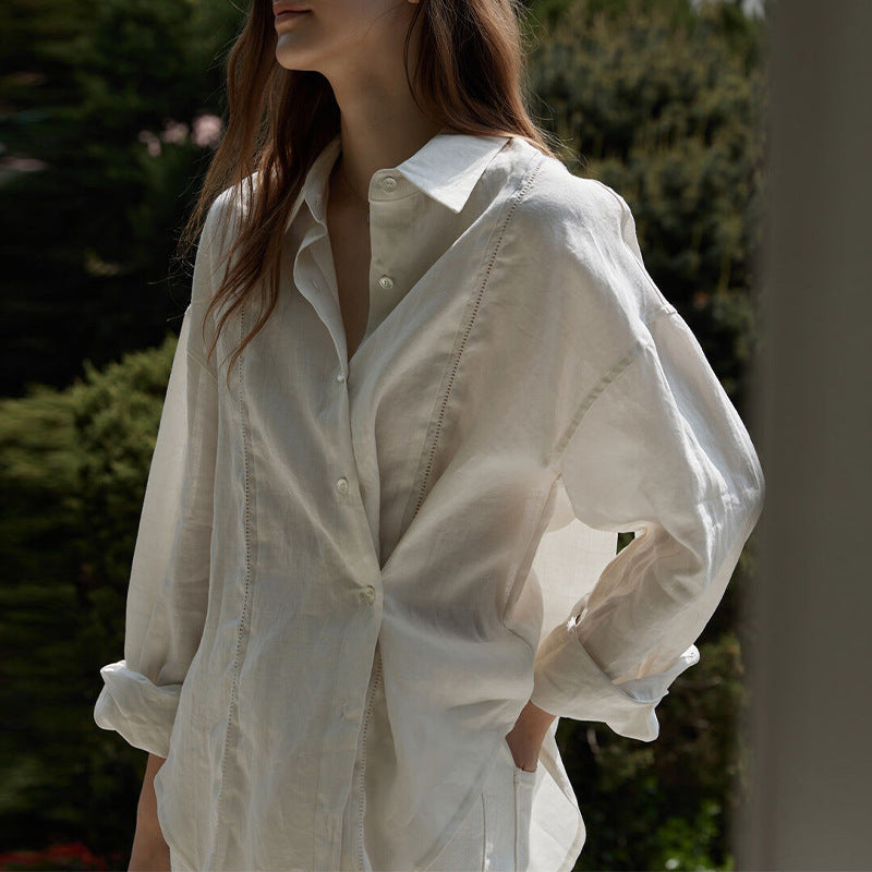 Linen Shirt French Hollow Embroidered Loose Long Sleeve Blouse ARZ