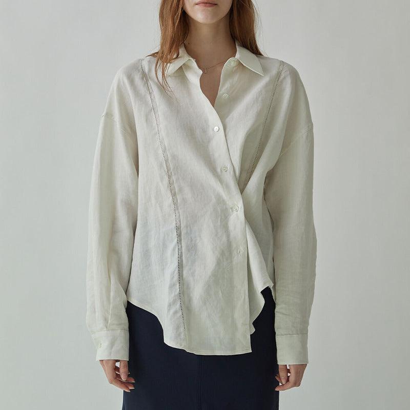 Linen Shirt French Hollow Embroidered Loose Long Sleeve Blouse ARZ